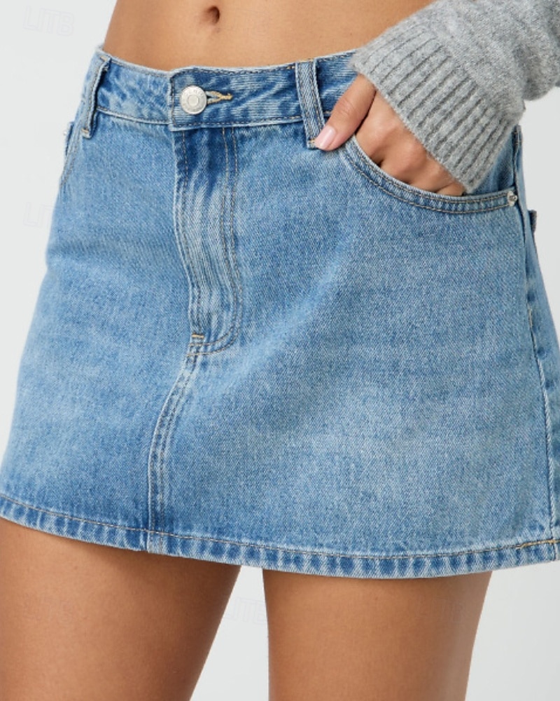 Dame الالتفاف Fritid Mini Mellomhøyt liv Skjørt عادي Lomme Mikroelastisk Feriereise Gate Svart Blå Himmelblå Sommer Denimstoff 2025 - $20.99 –P1
