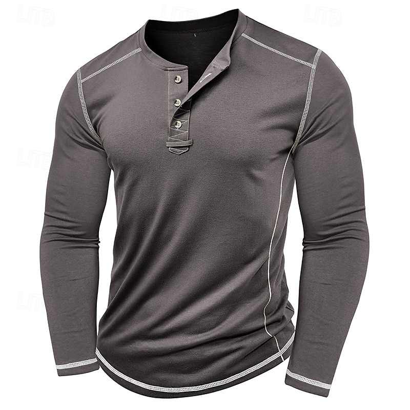 Men's T Shirt Henley Shirt Henley Top Long Sleeve Solid Color Vintage Casual Contrast Stitching Henley Outdoor Causal Casual Spring Fall Spring &  Fall Black White Gray Henley T-Shirt 2025 - $22.99 –P13