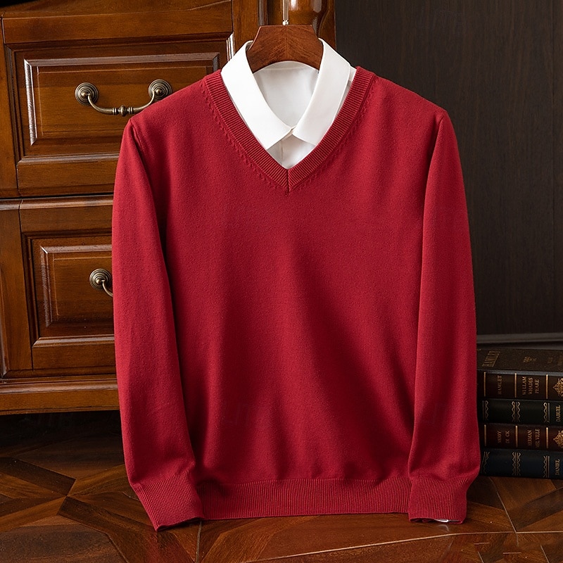 Herr Pullover tröja Stickad tröja Ribbad Sticka Vanliga toppar Stickat Slät V-hals Mode Grundläggande Semester Dagliga kläder Kläder Höst Vinter Kamel Vin S M L 2025 - $25.99 –P13