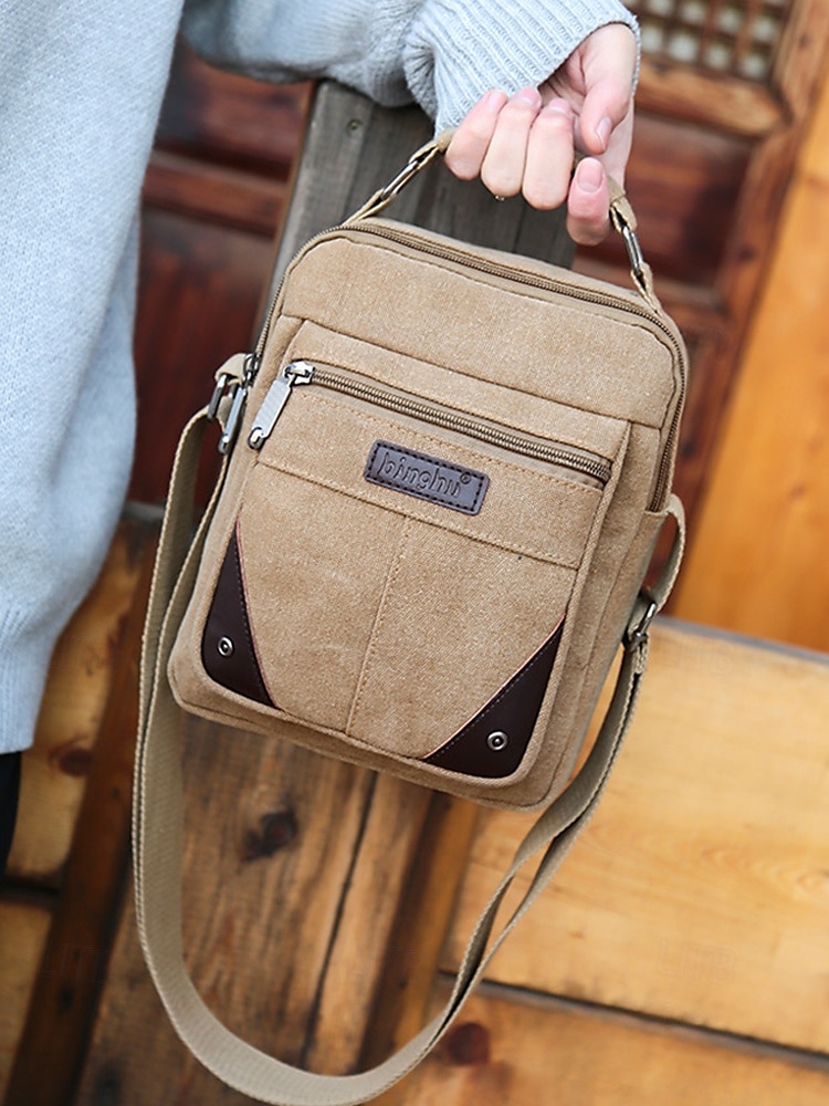 Borsa a tracolla da uomo in tela resistente all'acqua con design antigraffio, borsa a tracolla casual in stile vintage per esterni, viaggi e uso quotidiano del 2025 a $18.99 –P4