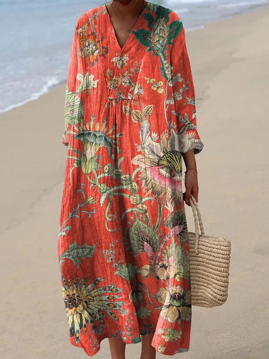 Damen Maxikleid Sommerkleid A Linie Kleid Urlaub Lässig Boho Party Ausgehen Strand Blumen Grafik Geometrisch Langarm V Ausschnitt Rote Blau Regenbogen Sommer Frühling Herbst 2025 - $35.99 –P1