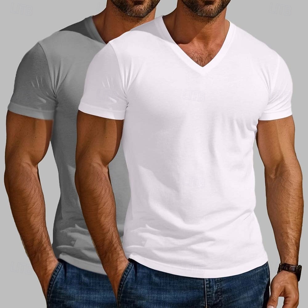 Maglietta da uomo in misto cotone, 2 pezzi, manica corta, scollo a V, estiva, per tutte le stagioni, tinta unita, semplice, stile designer, moderno, contemporaneo, scollo a V, confezione multipla, per vacanze, strada, casual, blu scuro, bianco e blu. del 2026 a $20.99 –P5