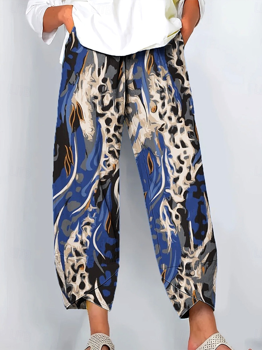 Dame Bred Bukseben kinesisk Posete bukser Årgang Grunnleggende Fritid Ankel-lengde Høy Midje Blomstret Grafisk Leopard Lapper Snorer Printer Pustende Uelastisk utendørs Feriereise Gate Marine 2025 - $20.99 –P4