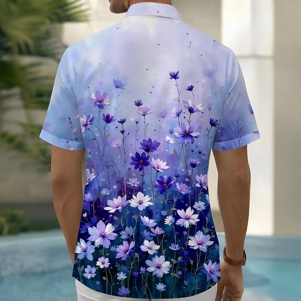 Pánské Květiny Barva přechodu Havajská košile Košile na knoflíky Aloha košile Krátký rukáv Havajské Dovolená Oblečení na pláž Léto Jaro Přehnutý 3D tisk košile s límečkem Jedna přední kapsa Fialová 2025 - $23.99 –P2