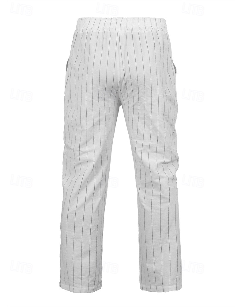 Herr Linne Byxor Långbyxor Sommarbyxor Strandbyxor Ficka Elastisk midja Snörning Randig Komfort Andningsfunktion Semester Dagligen Helgdag Hawaiisk Boho Svart Vit 2026 - E£1454.15 –P8