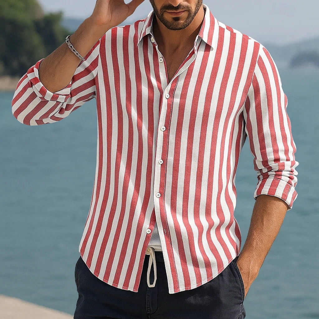 Voor heren Overhemd Linnen overhemd Zomer overhemd Strand Kleding Overhemd met knopen Verticale stroken Vakantie Curise Zwart Blozend Roze Rood blauw Lange mouw Strijkijzer Zomer Lente Kleding 2025 - $20.99 –P5
