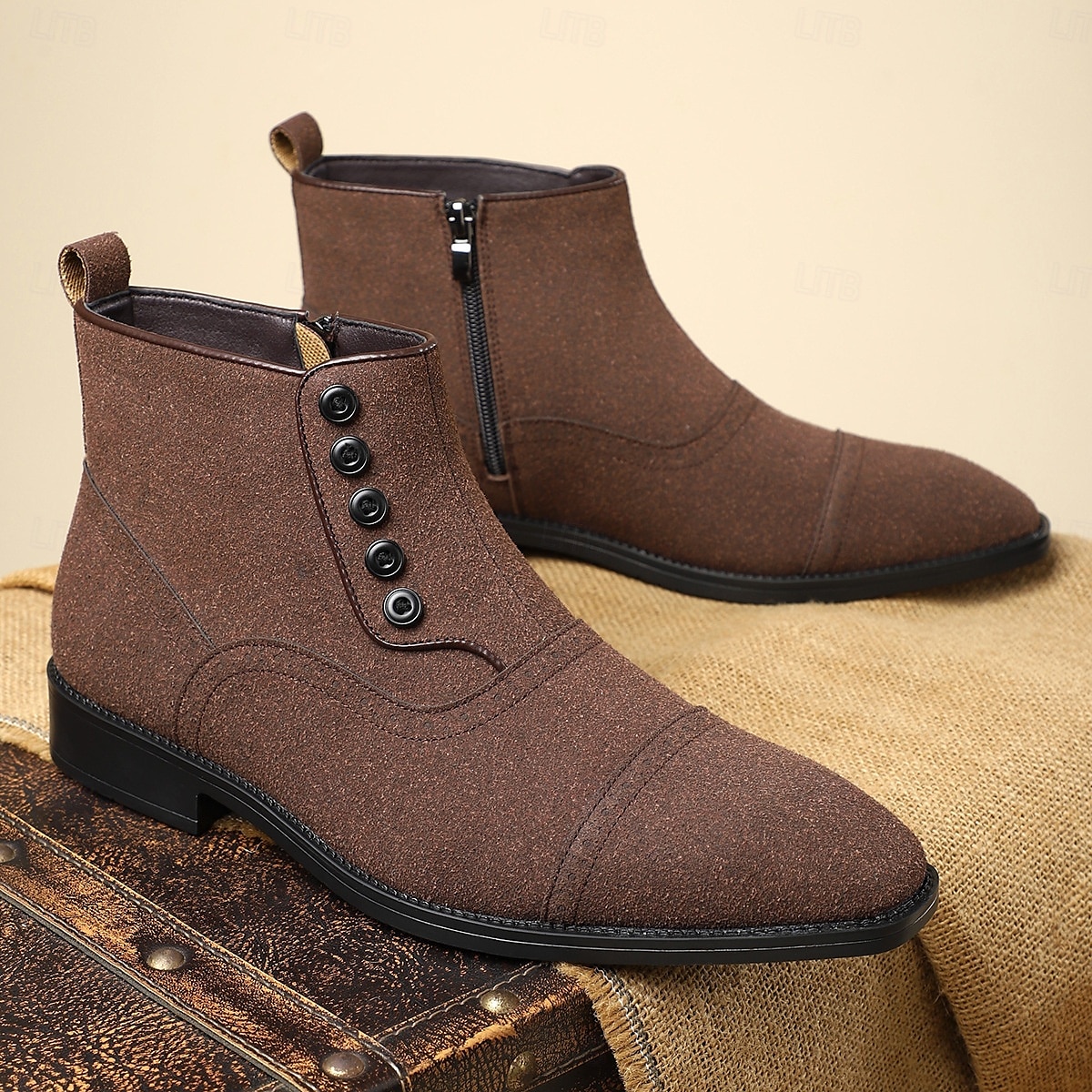 Men's Beige Lace-Up Ankle Boots with Round Toe and Classic Stitching, Vintage Business-Casual Footwear for Office, Urban Walking and Smart Daily Outfits 2025 - $46.99 –P18