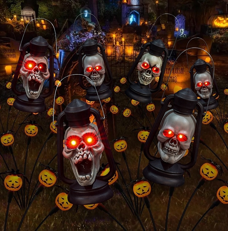 Halloween håndtak LED lysende hodeskaller hode røde øyne lampe glødende i mørke retro parafinlampe festdekorasjon 2025 - $24.99 –P2