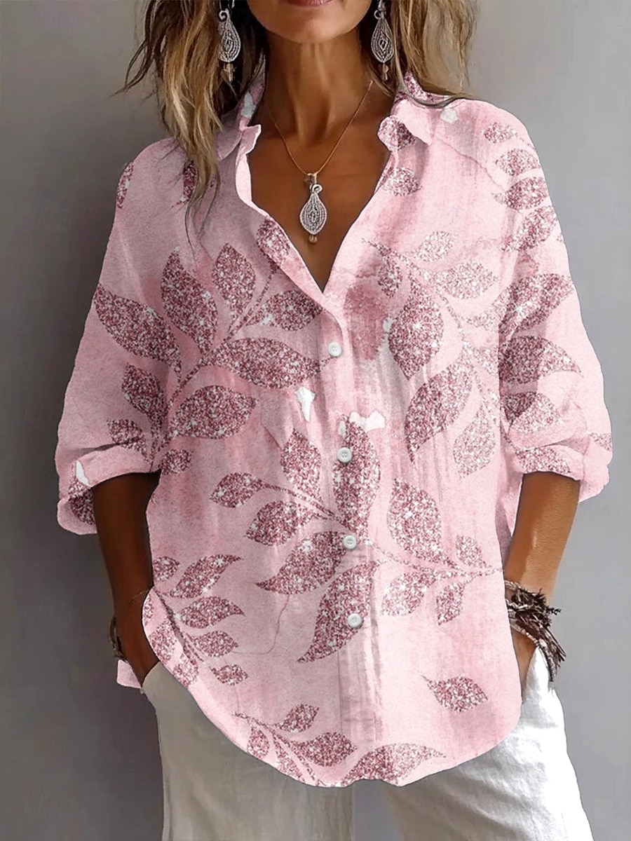 Damskie Koszula Graficzny Kształt listka Zabytkowe Codzienny Elegancki Długi rękaw Kołnierzyk koszuli Zwykłe topy Praca Codzienny Święto Guziki Nadruk Blush Pink Żółty Niebieski Lato Wiosna Jesień 2025 - $32.99 –P3