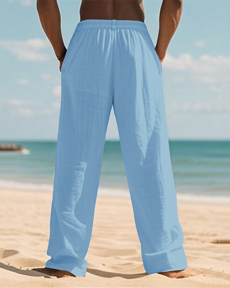 Men's Linen Pants Trousers Summer Pants Beach Pants Pocket Elastic Waist Drawstring Plain Comfort Breathable Vacation Daily Holiday Hawaiian Boho Dark Khaki Black 2025 - $18.99 –P11