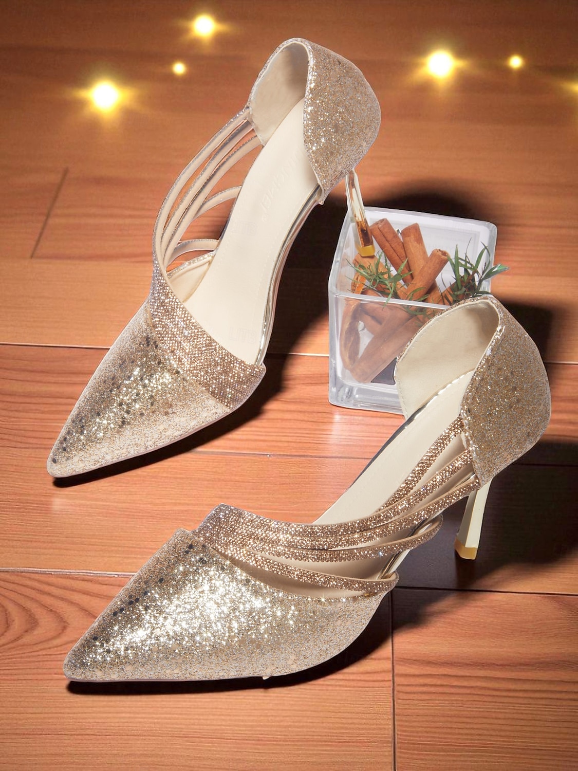 Scarpe da donna con tacco a spillo e punta a punta, glitterate dorate, con cinturino e tacco a spillo, per la vita notturna, i club e gli eventi serali del 2026 a $46.99 –P5