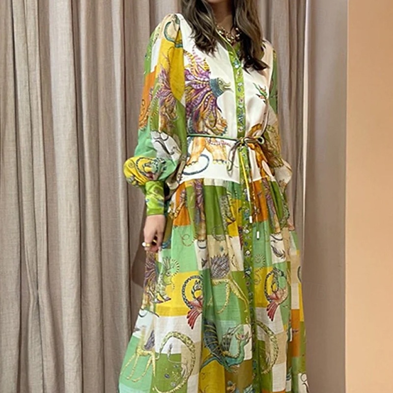 Per donna Abito Midi Abito Camicia Vestito a ruota Abito Stampato Moda Classico Moderno All'aperto Ferie Uscire Vestibilità regolare Fiore Manica Lunga Colletto a Camicia Verde Autunno del 2025 a $25.99 –P2