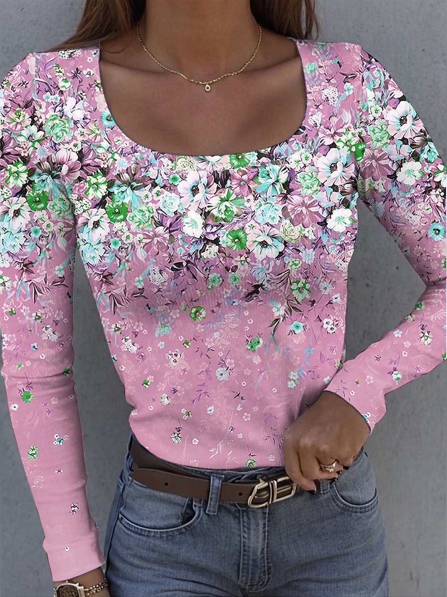 Maglietta da donna in cotone a coste con grafica collo quadrato a maniche lunghe casual floreale vintage top regolari per uso quotidiano stampa gialla rosa blu viola verde primavera autunno del 2026 a $26.99 –P4
