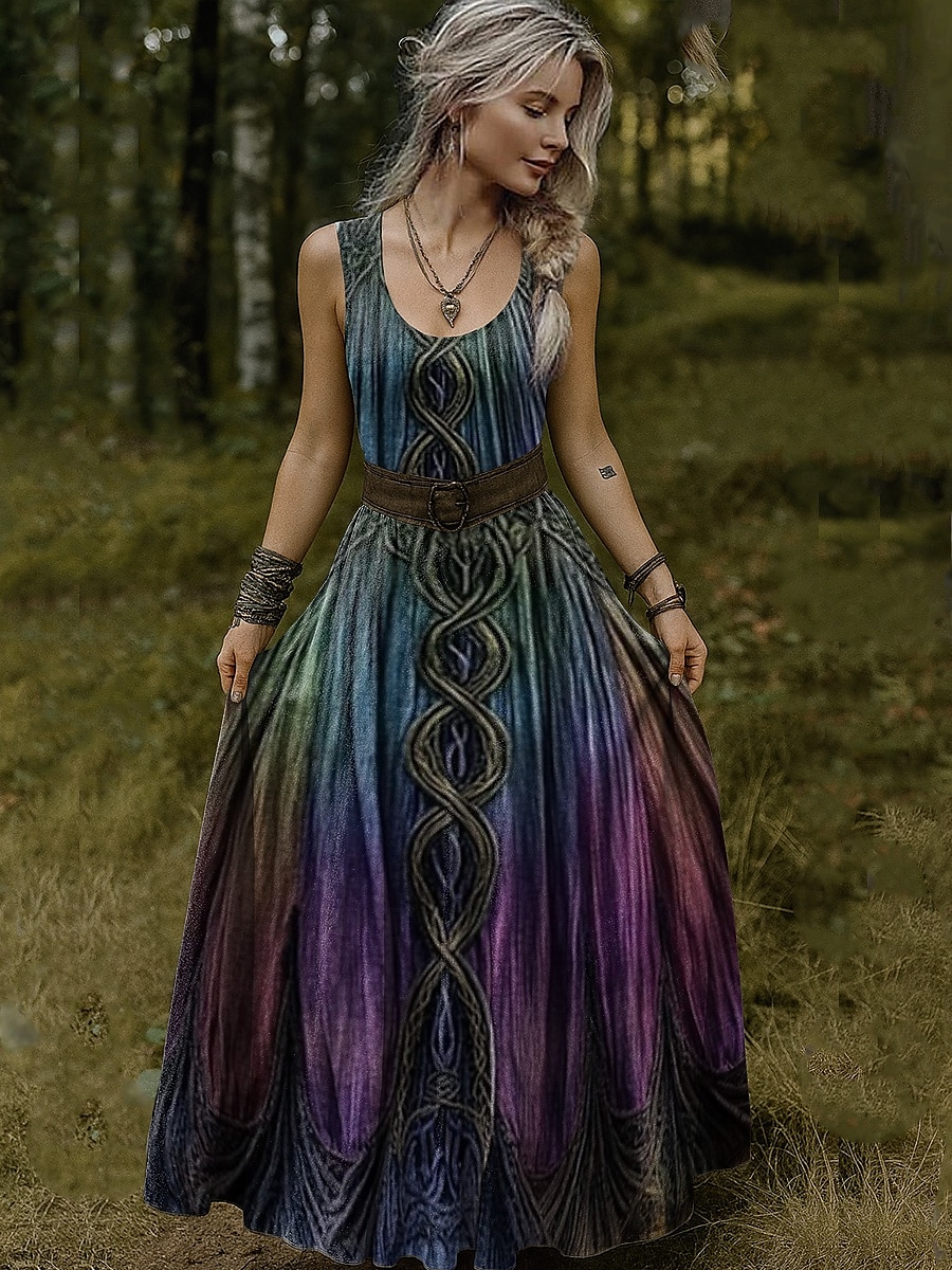 Dámské vintage vikingské šaty s keltskými uzly a gradientním uměním, skládané šaty, prázdninové ležérní boho plážové šaty, regular střih, grafický etnický střih, bez rukávů, výstřih do V, výstřih do U 2025 - $35.99 –P1