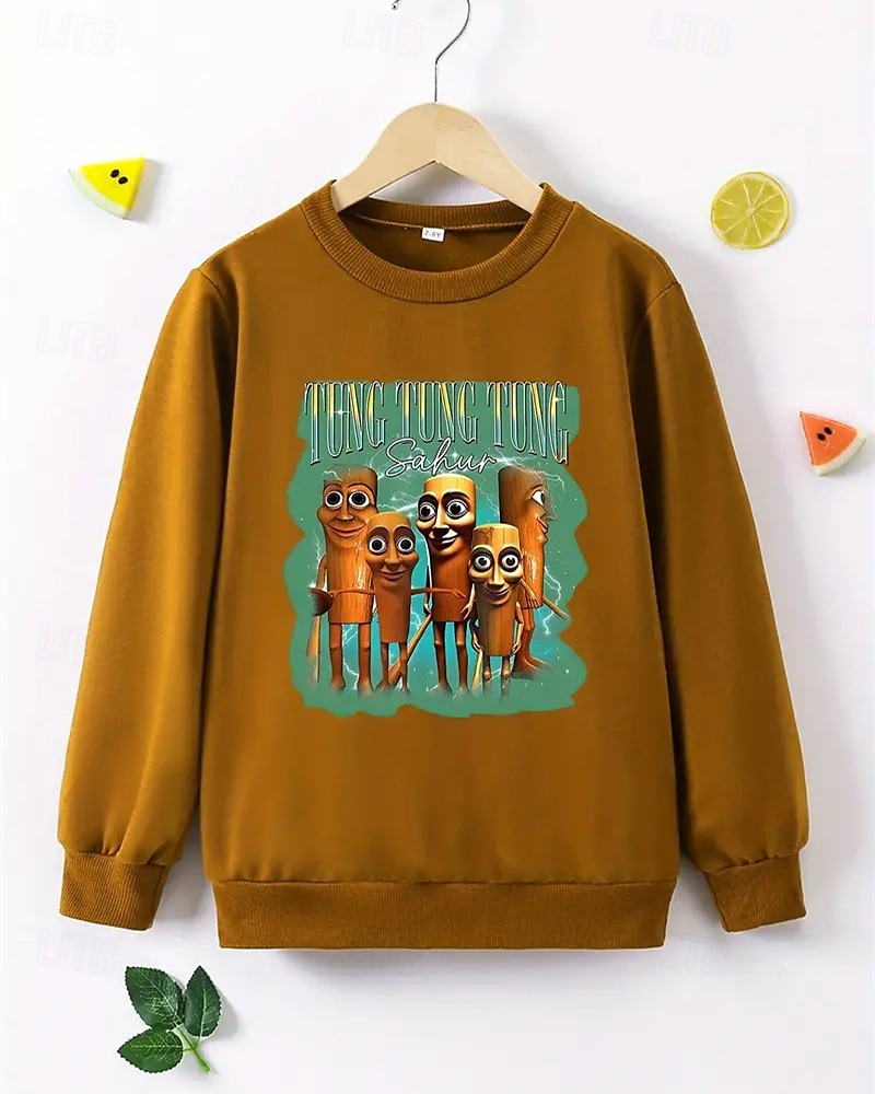 Jungen Langarmshirt mit italienischem Brain Rot Element Tung Tung Tung Sahur Print Frühling Herbst Mode Basic Kinder 4-12 Jahre Rundhalsausschnitt Outdoor Casual Täglich Regular Fit 2025 - $17.49 –P1