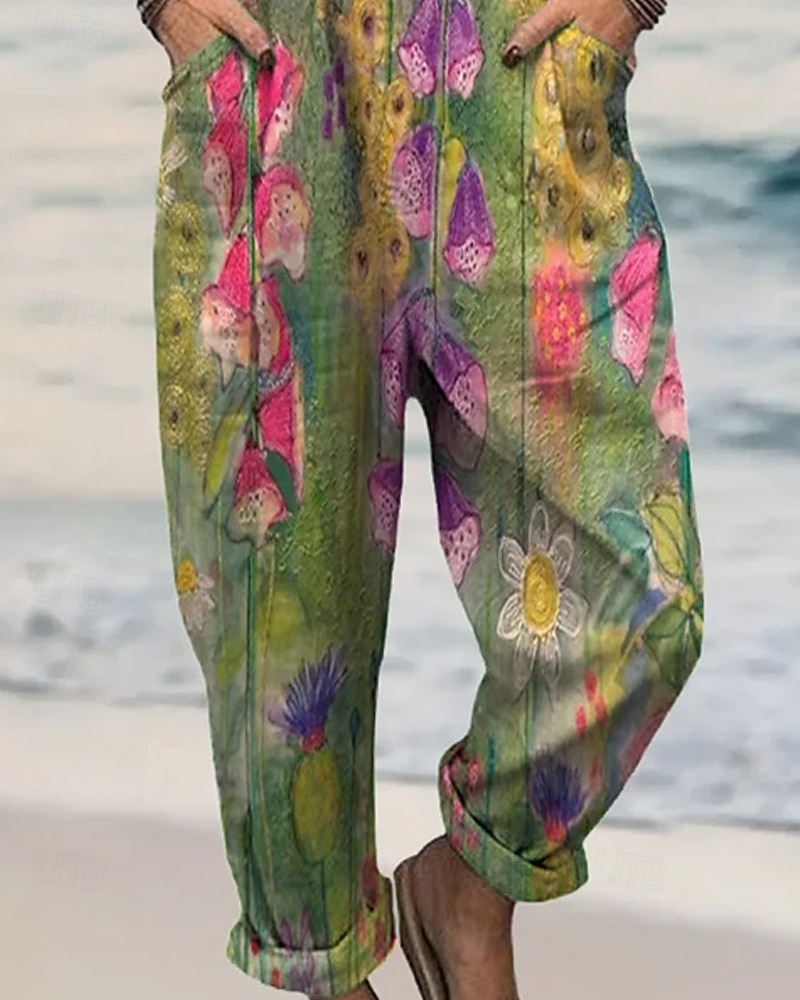Damen Normal Overall Streetwear Blumen Kurzarm Weites Bein U-Ausschnitt Tasche Druck Straße Täglich Normale Passform Grün Sommer 2025 - $27.99 –P3