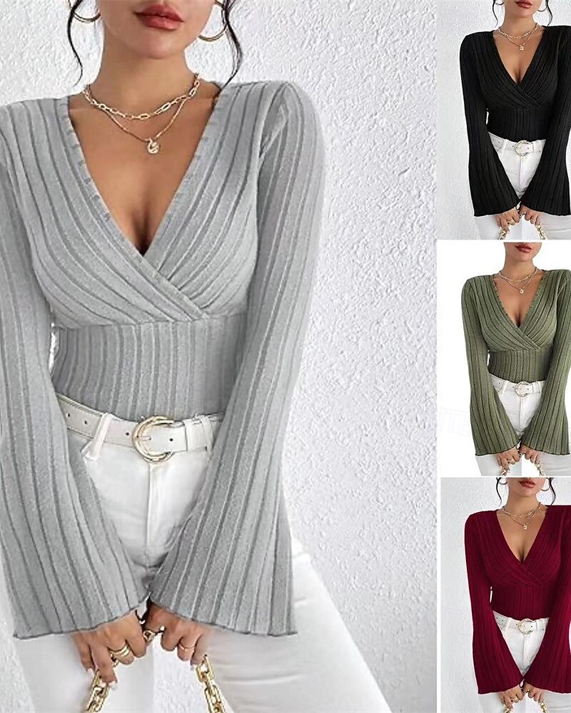 Damen T Shirt Einfach Mode Modern Langarm V Ausschnitt Normale Oberteile Täglich Tunika Schwarz Armeegrün Grau Sommer 2025 - $18.49 –P1