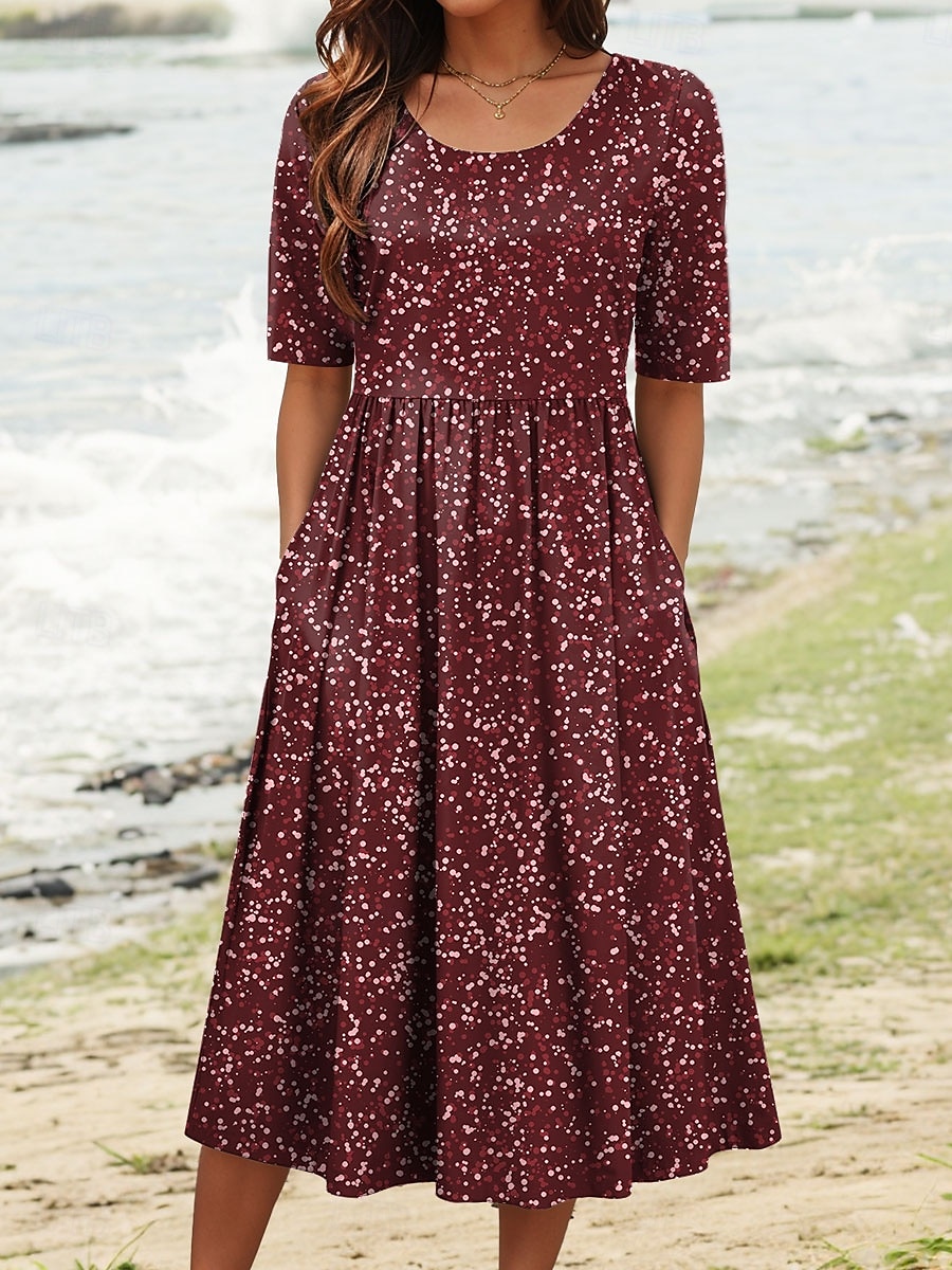 Women's Midi Dress A Line Dress Summer Dress Vacation Casual Daily Holiday Regular Fit Graphic Geometric Half Sleeve Crew Neck Red Blue Green Summer Spring 2025 - $31.99 –P2