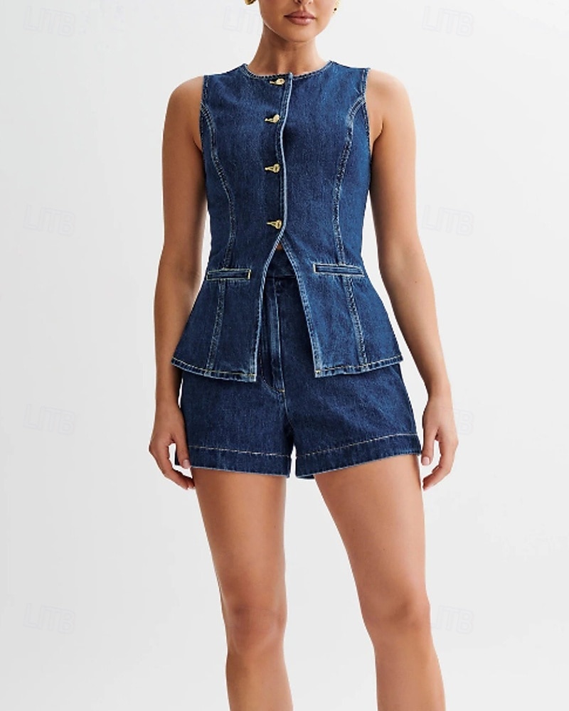 Women's Active Fashion Blouse Shorts Sets Sleeveless Crew Neck Solid Color Split Thigh Vacation Casual Daily Blue Summer Regular Fit 2025 - $48.99 –P3