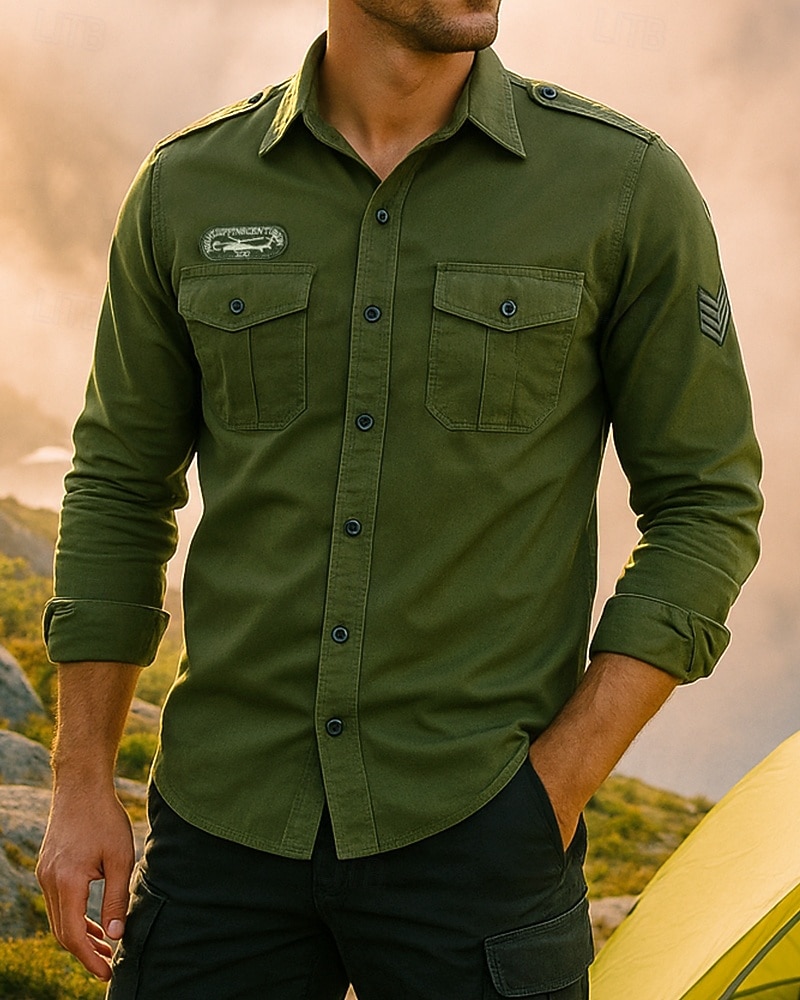 Муж. рубашка-карго Длинный рукав Отложной Верхняя часть На открытом воздухе Дышащий Весна Осень Хлопок Черный Зеленый Теннис Гольф Бег 2026 - $31.99 –P4