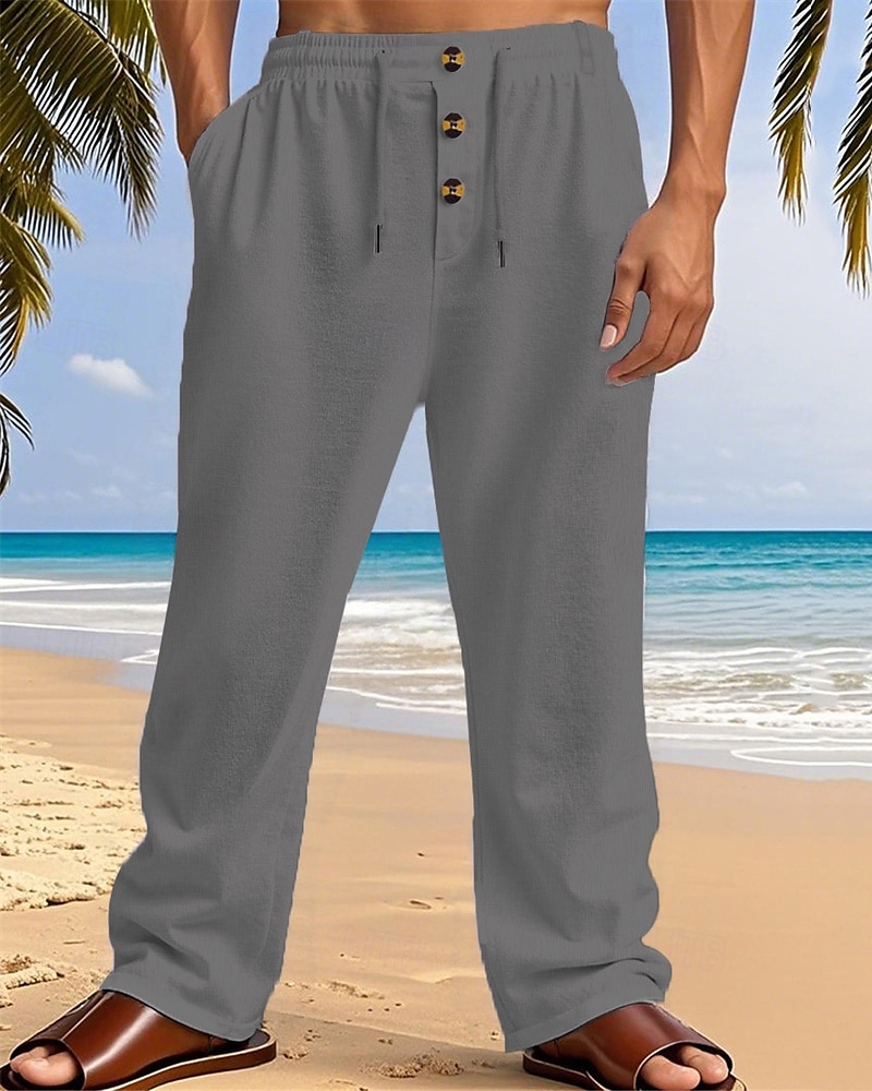 Men's Linen Pants Trousers Summer Pants Beach Pants Pocket Elastic Waist Drawstring Plain Comfort Breathable Vacation Daily Holiday Hawaiian Boho Dark Khaki Black 2025 - $18.99 –P13