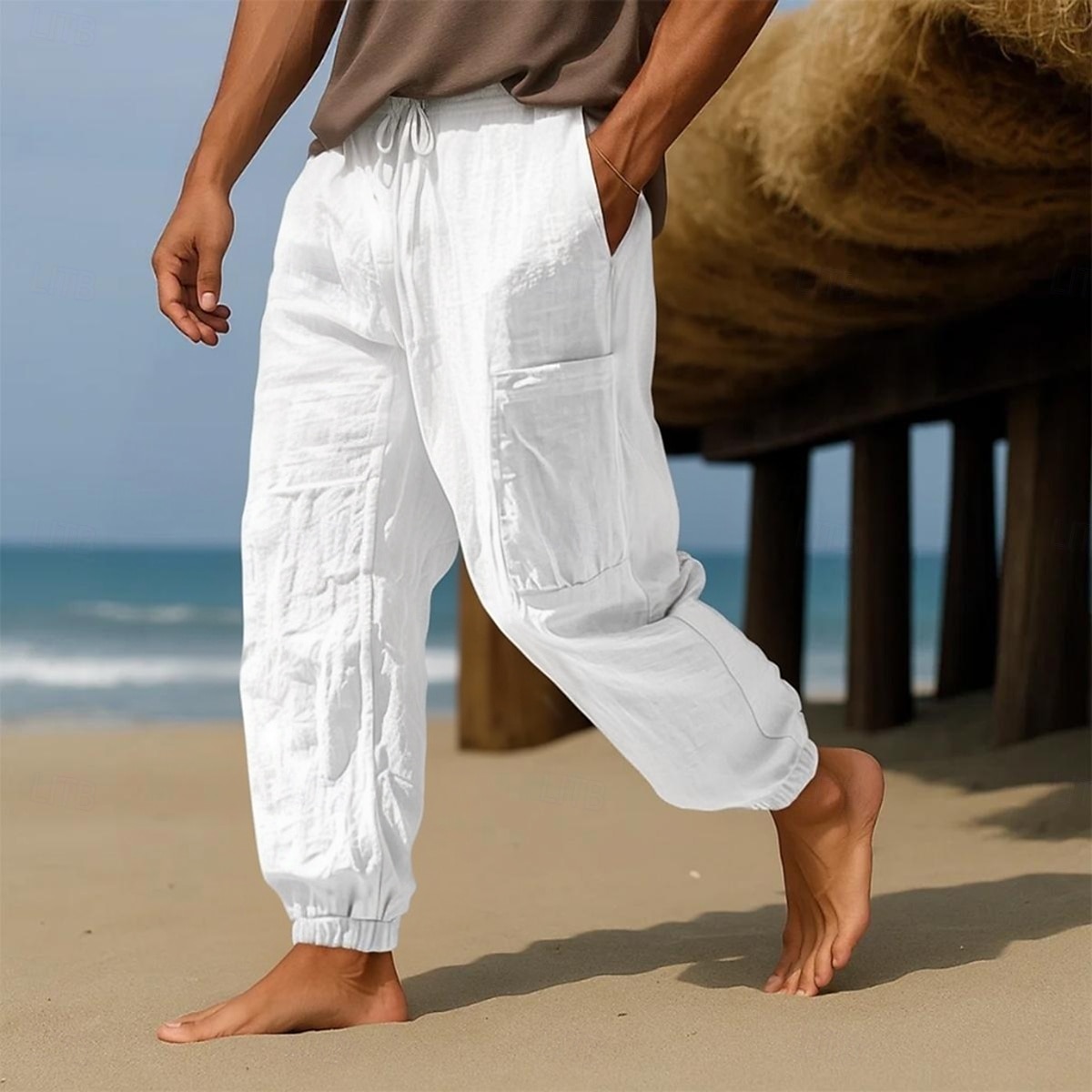 Men's Linen Pants Trousers Summer Pants Baggy Pants Elastic Cuff Solid Color Plain Comfort Breathable Full Length Casual Daily Holiday Vacation Fashion Black White Micro-elastic 2025 - $23.99 –P1