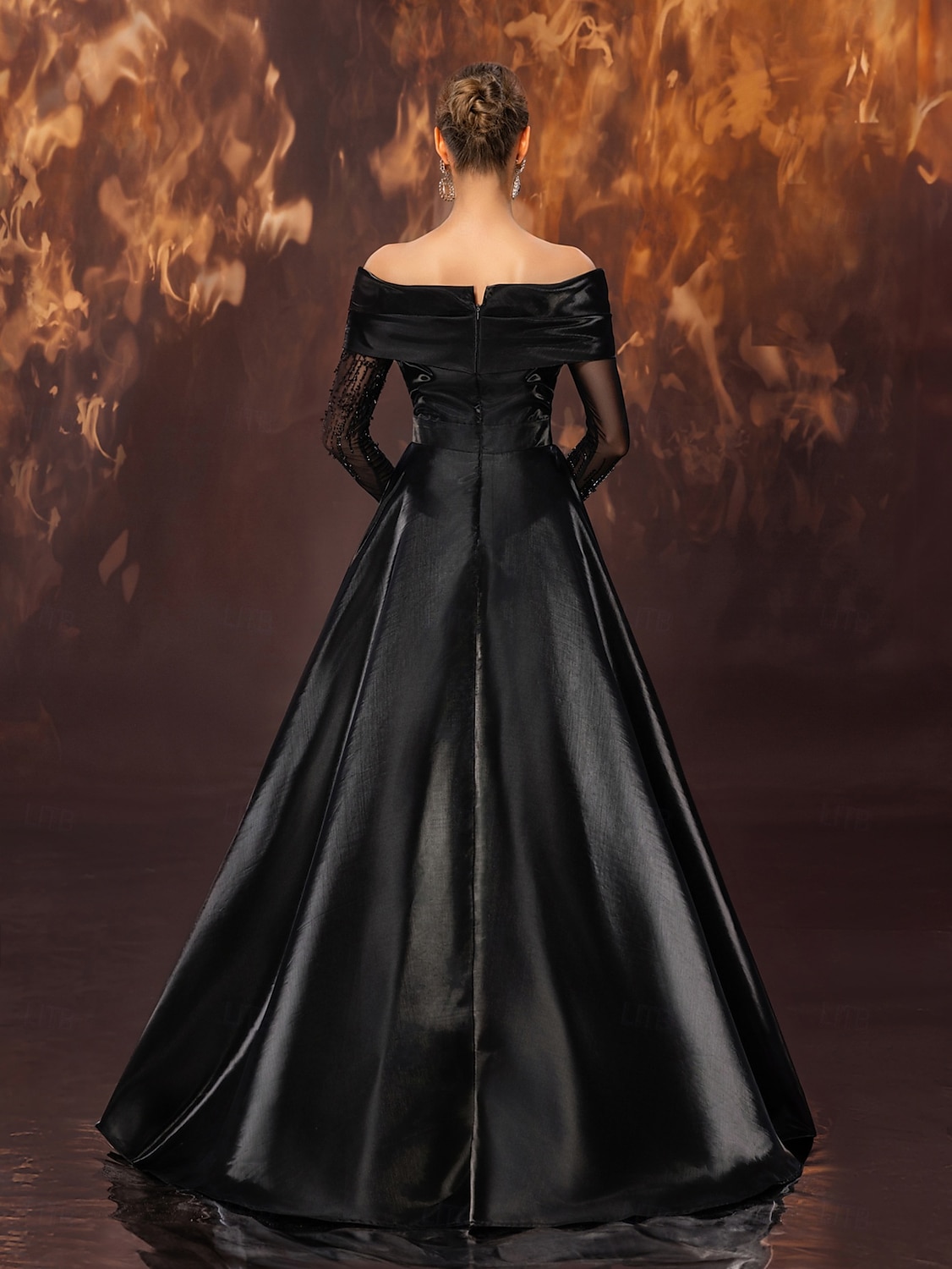 Rochie neagră de seară, linie A, elegantă, rochie formală de mireasă, lungime la podea, fără mâneci, umerii goi, satin elastic cu pliuri, dantelă și mărgele, 2025 2025 - $149.99 –P4