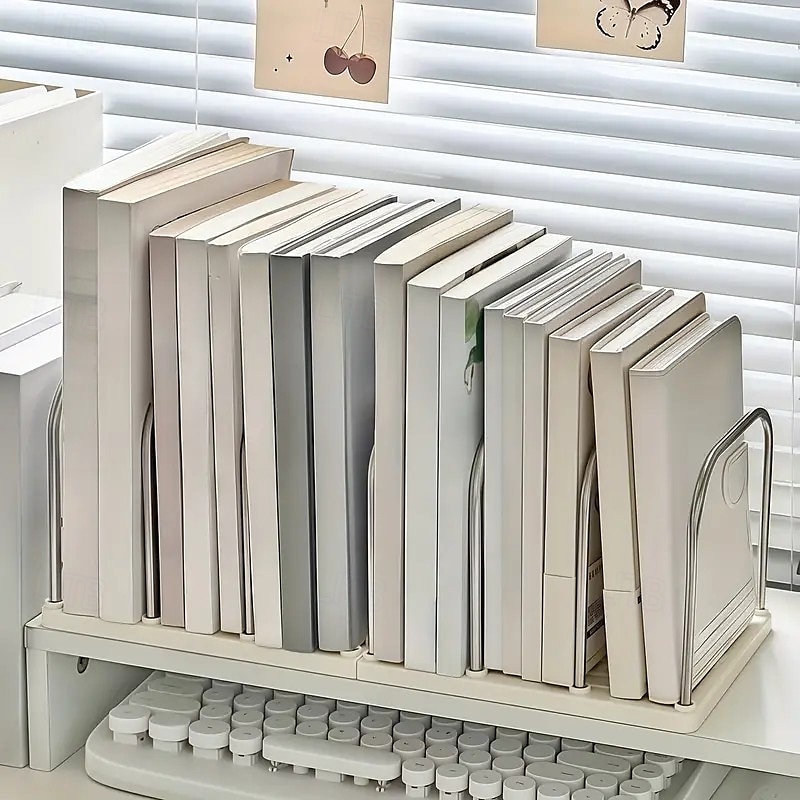 מדף ספרים שולחני מנירוסטה ופוליפרופילן עם בסיס מונע החלקה, מחיצות מתכווננות, תומכי ספרים אנכיים קומפקטיים, מארגן שולחן משרדי מודרני מינימליסטי לדואר, אחסון קבצים, מדף לימוד במעונות סטודנטים 2025 - $15.99 –P6