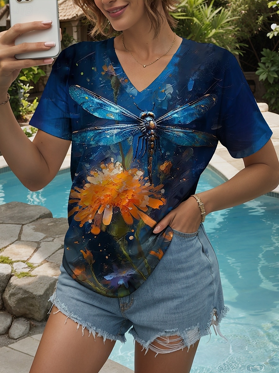Dames T-shirt Afdrukken Grafisch dier Libel Vintage Stijlvol Klassiek Korte mouw V-hals Normale tops Dagelijks Uitgaan Weekend blauw Zwart Rood Paars Groen Zomer Lente 2026 - $21.99 –P4