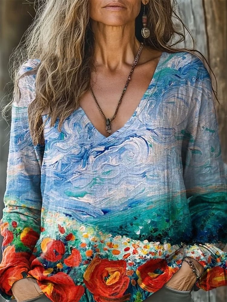Per donna Blusa Stampato Floreale Quotidiano Elegante Manica Lunga Scollo a V Top Regolari Quotidiano Ferie Blu Nero Bianco Blu marino Blu Reale Estate Primavera Autunno del 2026 a $23.99 –P3