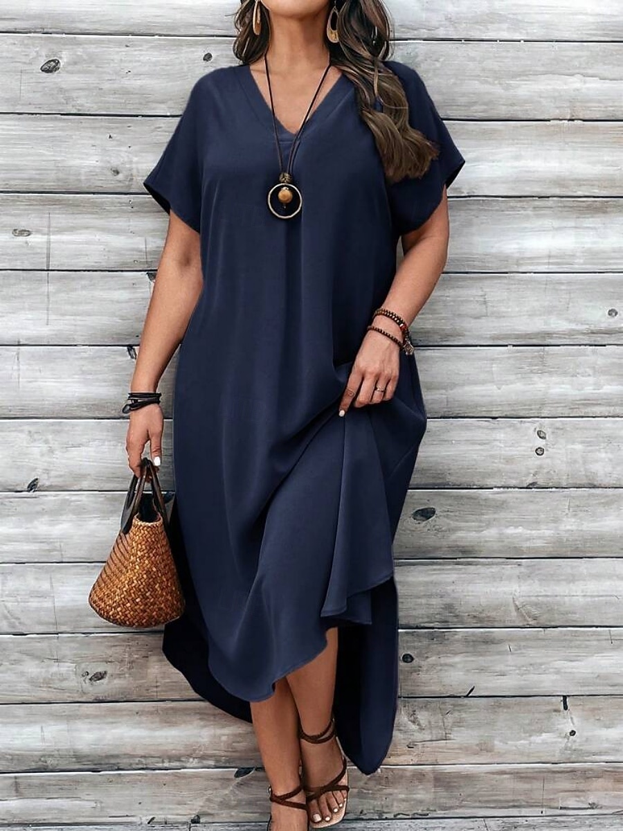Femmes Grande taille Robe Décontractée Couleur Unie Col en V Manche Courte Été Printemps Élégant Mode Moderne Occasionnel Robe Maxi Quotidien Fête Robe de 2025 ? $33.99 –P3