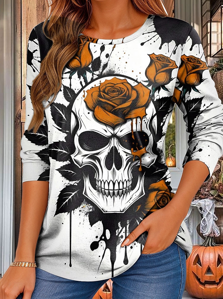 Halloween Dame T skjorte Grafisk Hodeskaller Rose Årgang Stilfull Klassisk Langermet Crew-hals Vanlige topper Daglig Trykt mønster Rød Lilla Oransje Grønn Vår Høst 2025 - $22.99 –P5