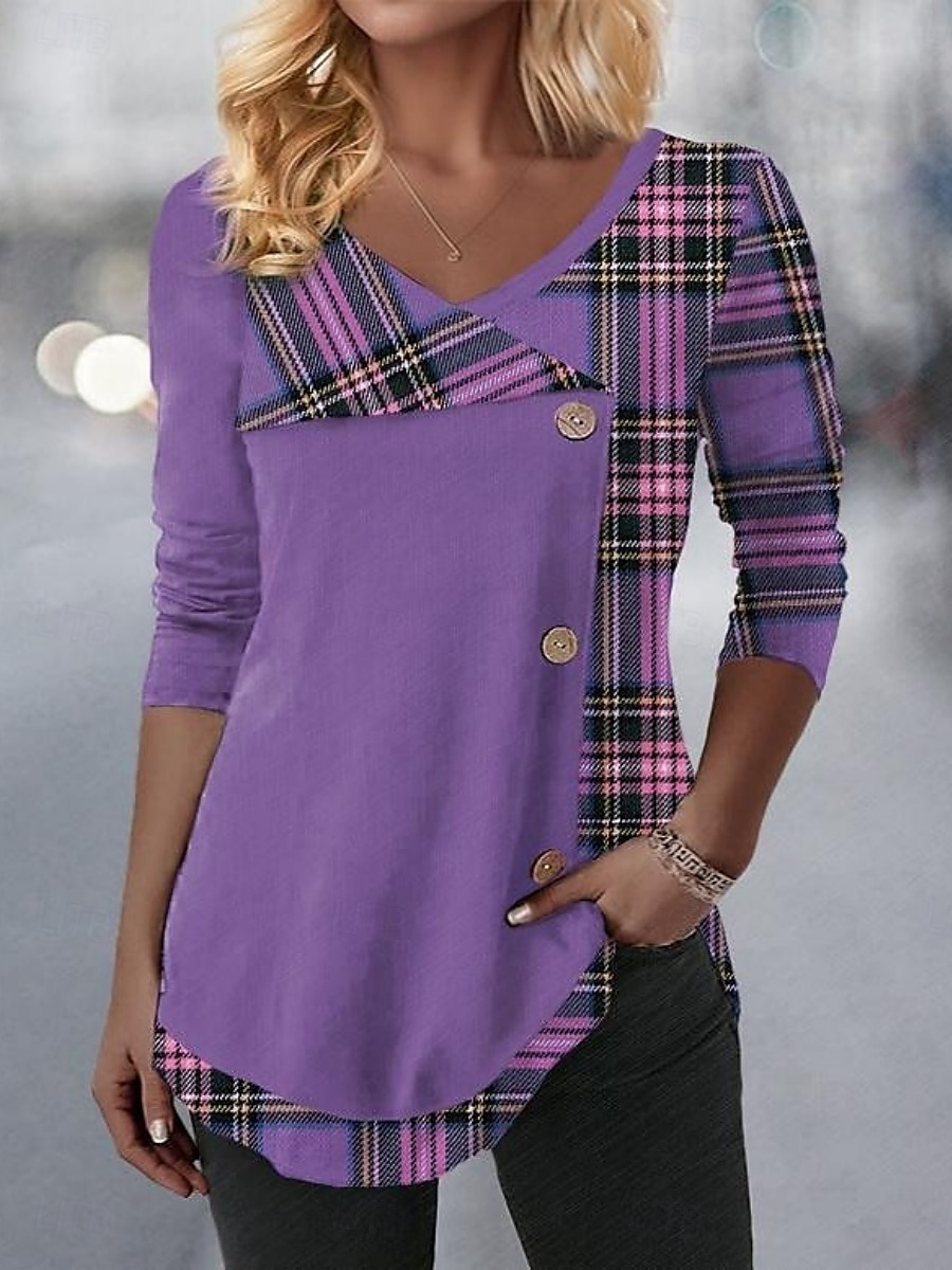 Women's Blouse Plaid Stylish Casual Long Sleeve V Neck Regular Tops Daily Buttons Print Pink Blue Purple Green Spring Fall 2025 - $24.99 –P4