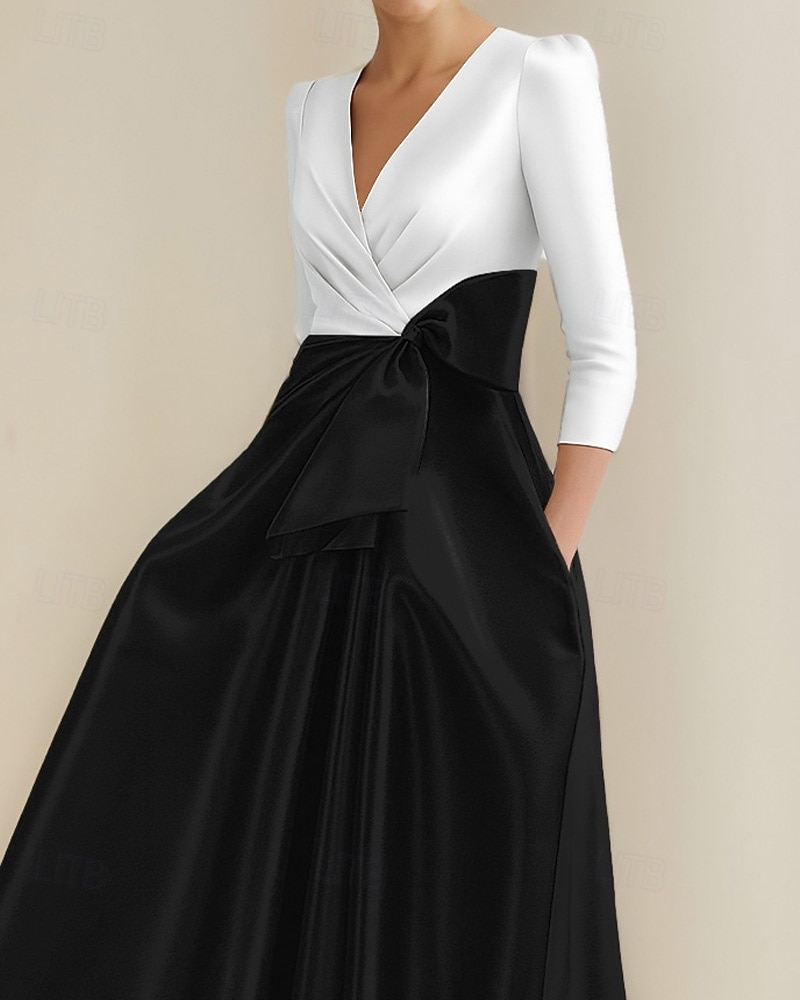 Vestidos de Coquetel A-Line Vestido Elegante Formal Casamento Comprimento Chá Comprimento Midi Manga Curta Decote em V Pregas Cetim com Bolso e Laço de 2025 por $147.99 –P2