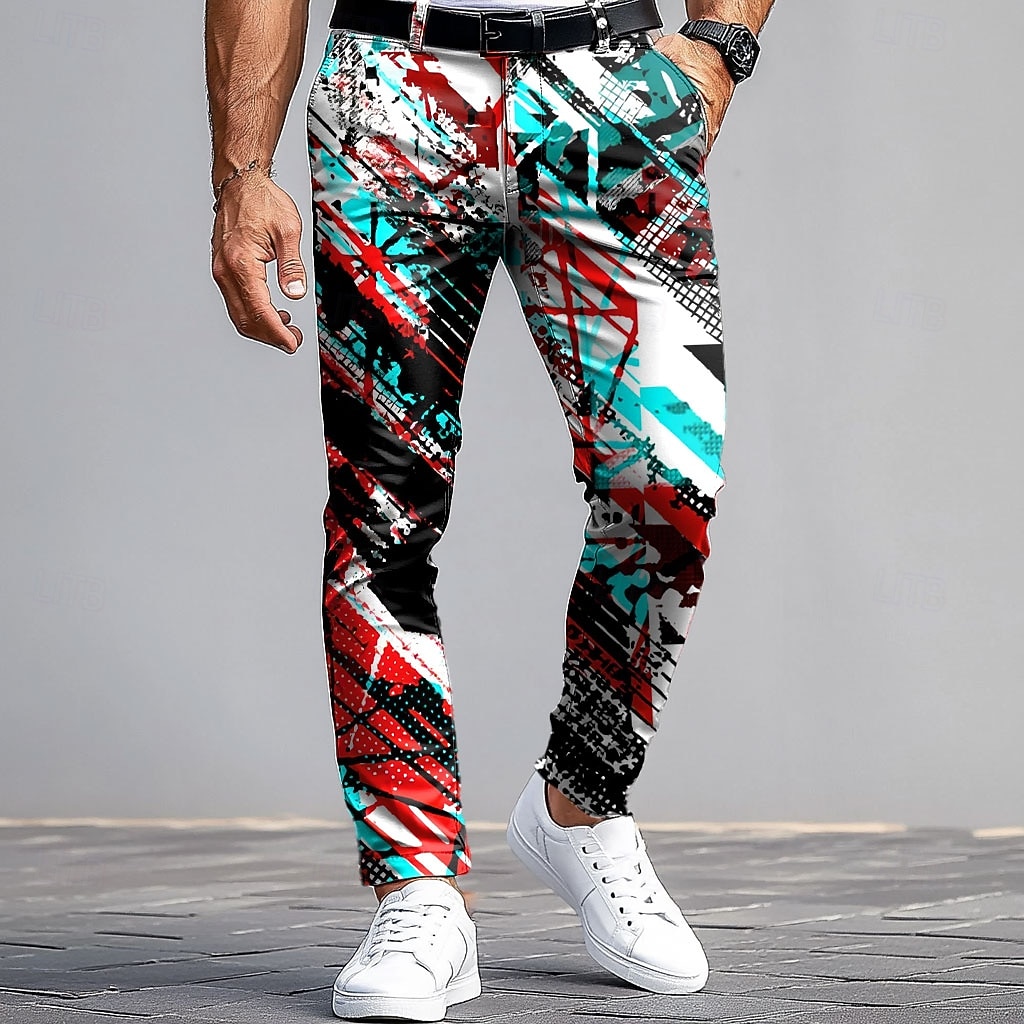 Homens Social Calças Calças de Terno Calças Slim Fit com Bolsos Geométrica Arte abstrata Comprimento total Ao ar livre Casual Vermelho Azul Micro-Elástica de 2026 por $31.99 –P1