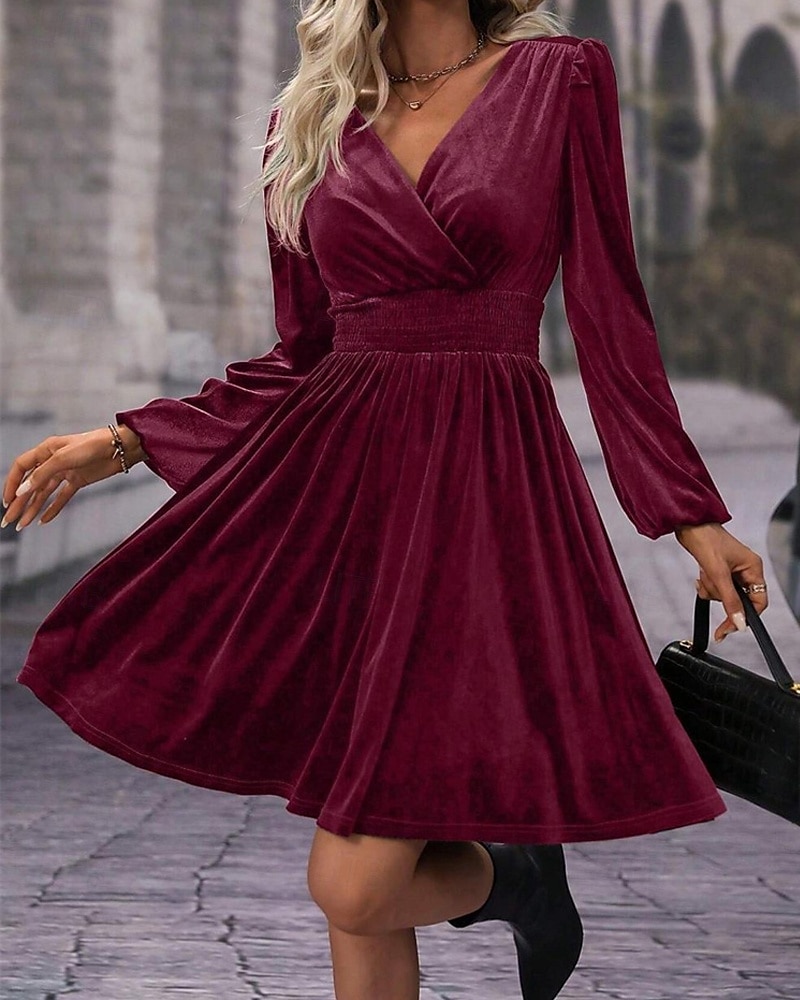 Pentru femei Rochie Mini Rochie casual Rochie de iarnă Modă Modern Zilnic Sfârșit de săptămână Fit regulat Simplu Manșon Lung În V Negru Roșu-aprins Trifoi Vară 2025 - $27.99 –P1