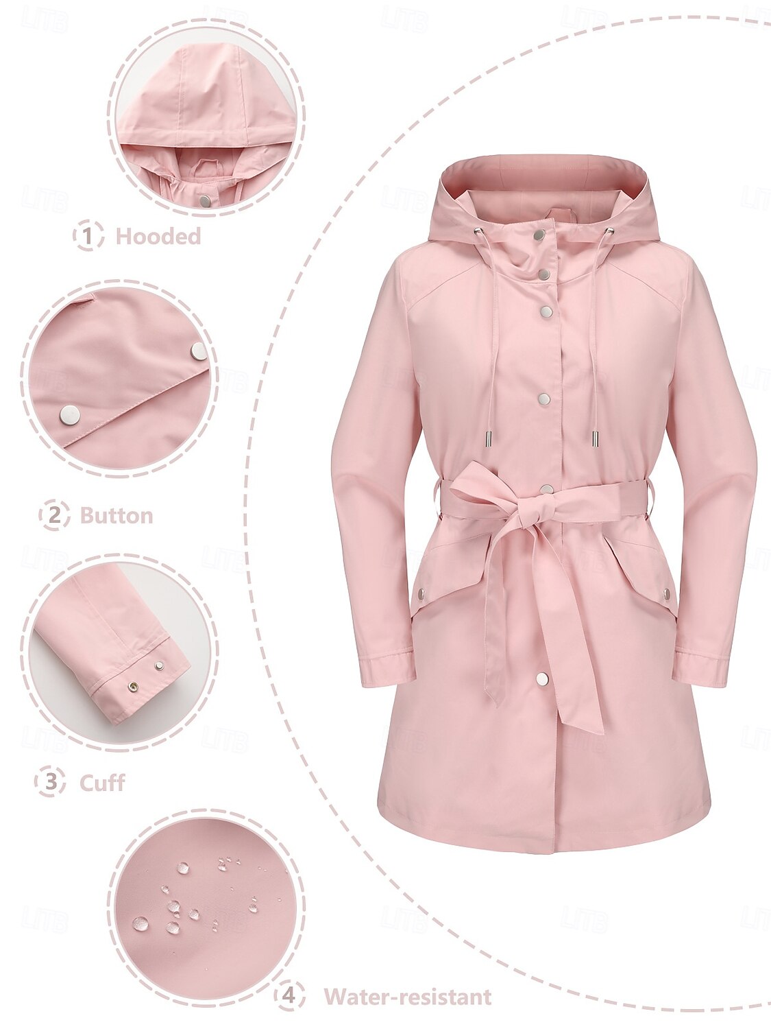 Women's Coat Waterproof Comfortable Pocket Buttons Fashion Street Style Plain Outdoor Casual Daily Long Hooded Regular Fit Long Sleeve Outerwear Black White Pink Spring Fall 2025 - $43.99 –P2