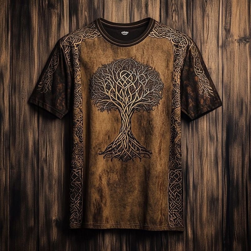 Herren T-Shirt Kurzarmshirt Kurzarm Rundhalsausschnitt Sommer Herbst Grafik Baum des Lebens Yggdrasil Mode Designer Retro Vintage Druck Urlaub Straße Ausgehen Dunkel Braun Schwarz Braun Top T-Shirt 2026 - $14.49 –P11