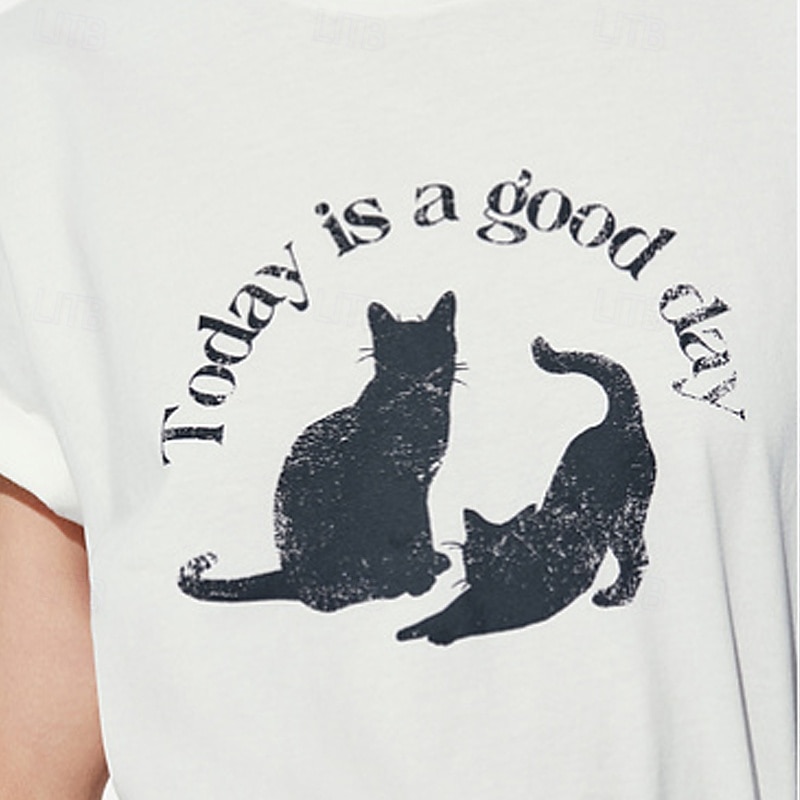 Maglietta da donna in 100% cotone con stampa di animali, gatti e lettere, elegante, basic, moderna, a maniche corte, girocollo, regular, per tutti i giorni, sportiva, per uscire, nera e bianca, del 2025 a $31.99 –P3