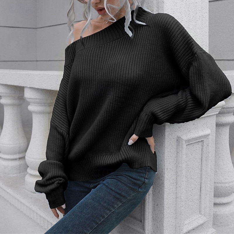 Damen Pullover Lässig Einfarbig Grobstrick Schulterfrei Gestrickt Langarm Normale Oberteile Stricken Täglich Ferien Ausgehen Schwarz Blau Herbst Winter 2025 - SGD S$35.94 –P9