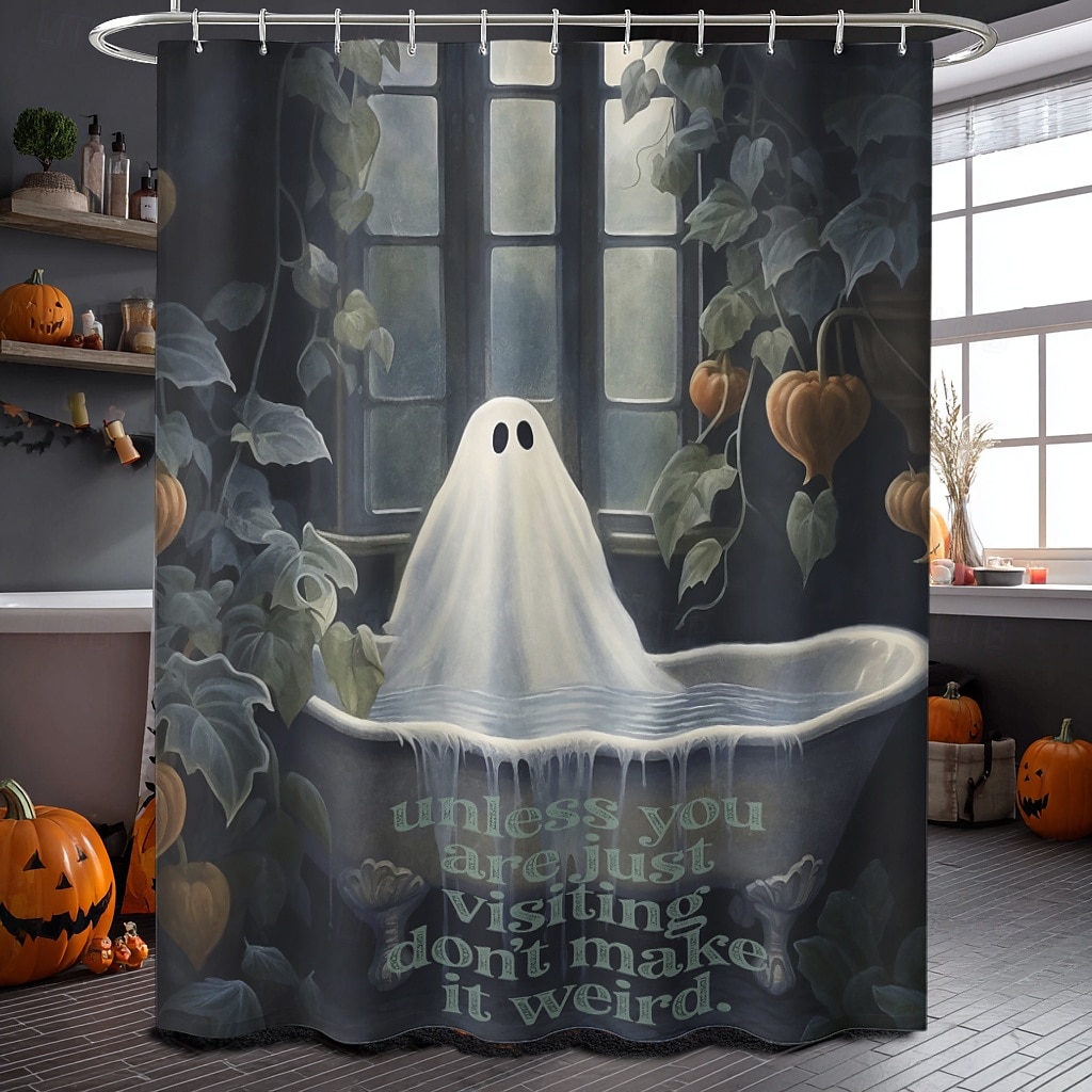 Halloweenský sprchový závěs s háčky, polyesterový, pratelný, voděodolný, vzorovaný, koupelnová vana, dekorace 2025 - $21.99 –P15