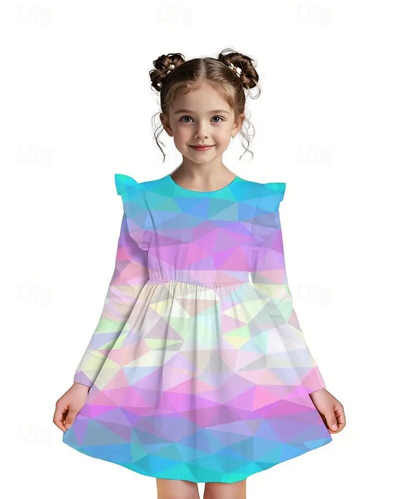 Mädchen' 3D Geometrisch Kleid Rüschenkleid Langarm Sommer Frühling Urlaub Täglich Ferien Prinzessin Schön Süß Kinder 4-12 Jahre Freizeitkleid A Linie Kleid Knielang Normale Passform 2025 - $15.99 –P1