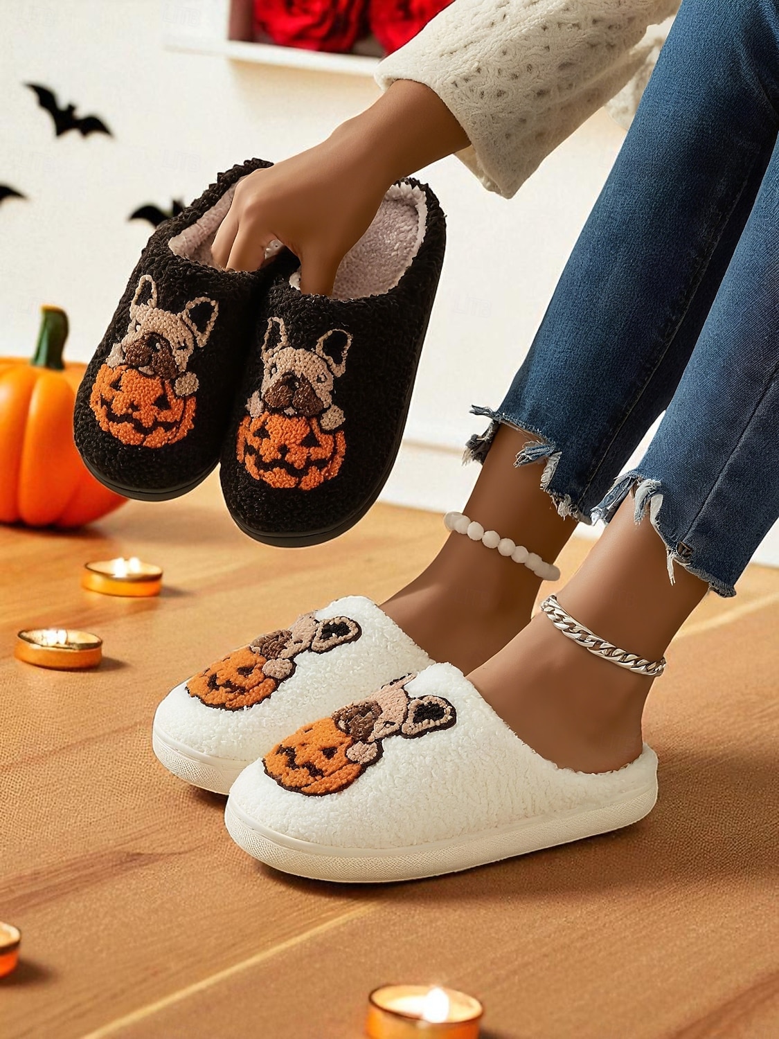 damskie kapcie polarowe na Halloween z motywem buldoga francuskiego i dyni - wygodne pluszowe kapcie domowe dla kobiet i nastolatek, idealne na jesień, jako prezent świąteczny i do wygodnego 2025 - $14.99 –P3
