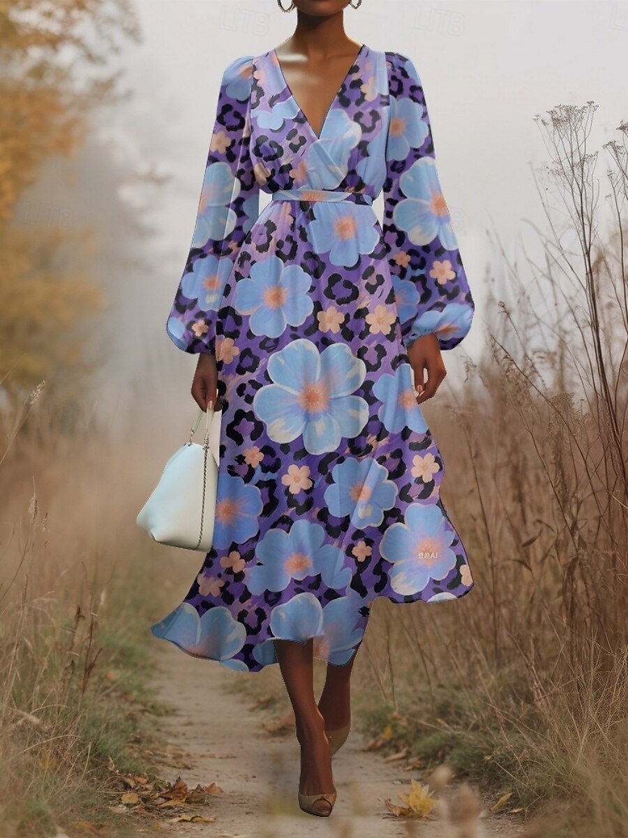 Women's Midi Dress Casual Dress Chiffon Swing Dress Modern Vacation Daily Weekend Regular Fit Floral Plaid Long Sleeve V Neck Yellow Blue Purple Orange Summer Spring Fall Autumn 2025 - $31.99 –P7
