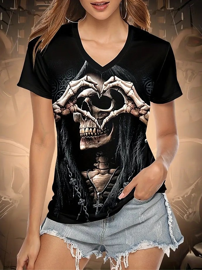 Halloween Femmes T-shirt Graphique Crâne ancien Élégant Classique Manche Courte Col en V Hauts Réguliers Quotidien Imprimé Noir Arc-en-ciel Été Printemps de 2025 ? $19.99 –P1