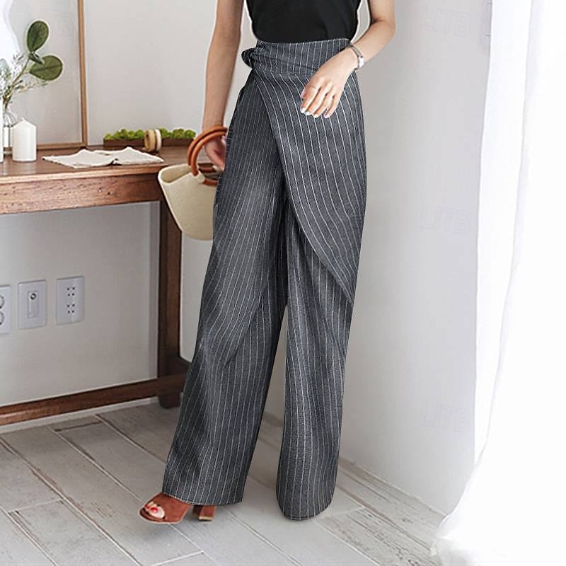 Damen Weites Bein Anzughose Hosen Hose Mode Streetwear Volle Länge Hohe Taille Gestreift Kordelzug Atmungsaktivität Bequem Straße Alltagskleidung Ausgehen Blau Weiß Dunkelgray Frühling Herbst Normale 2026 - $24.99 –P4