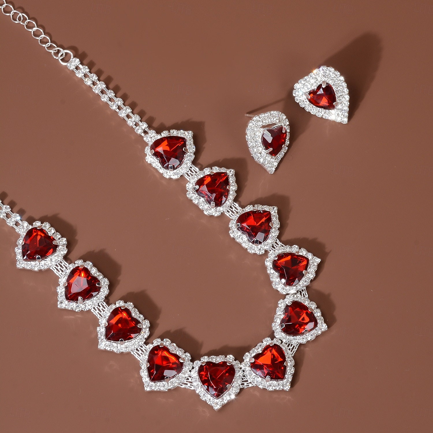 Conjunto de colar e brincos de cristal com coração vermelho para mulheres - joias elegantes banhadas a prata para casamentos, festas e eventos formais de 2025 por $14.99 –P6