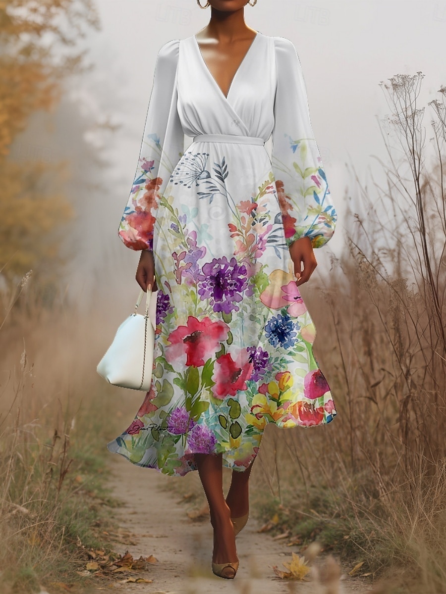 Femmes Robe Midi Robe Décontractée Mousseline de Soie Robe évasée Moderne Vacances Quotidien Week-end Coupe régulière Fleuri manche longue Col en V Blanche Bleu Bleu clair Été Printemps Automne de 2025 ? $31.99 –P4