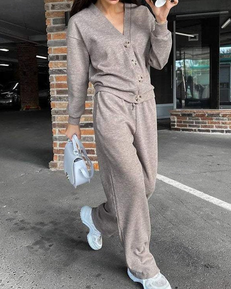 Dames Actief Streetwear Blouse Broeken Sets Lange mouw V-hals Effen Kleur Vakantie Alledaagse kleding Zwart Leger Groen Stoffig blauw Herfst Normale pasvorm 2025 - $24.99 –P5