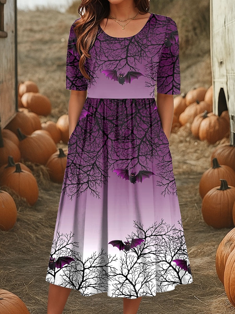 Halloween Dámské Midi Šaty A Linie Šaty Letní Šaty Dovolená Příležitostný Každodenní Svátek Běžné Fit Grafický Zvíře Poloviční Rukáv Kulatý Výstřih Modrá Fialová Zelená Léto Podzim 2025 - $31.99 –P1